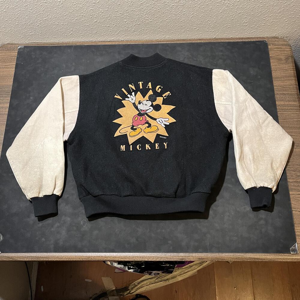Disney Mickey Mouse Chalk Line Jacket Leather Varsity Bomber Wool USA made 1980s